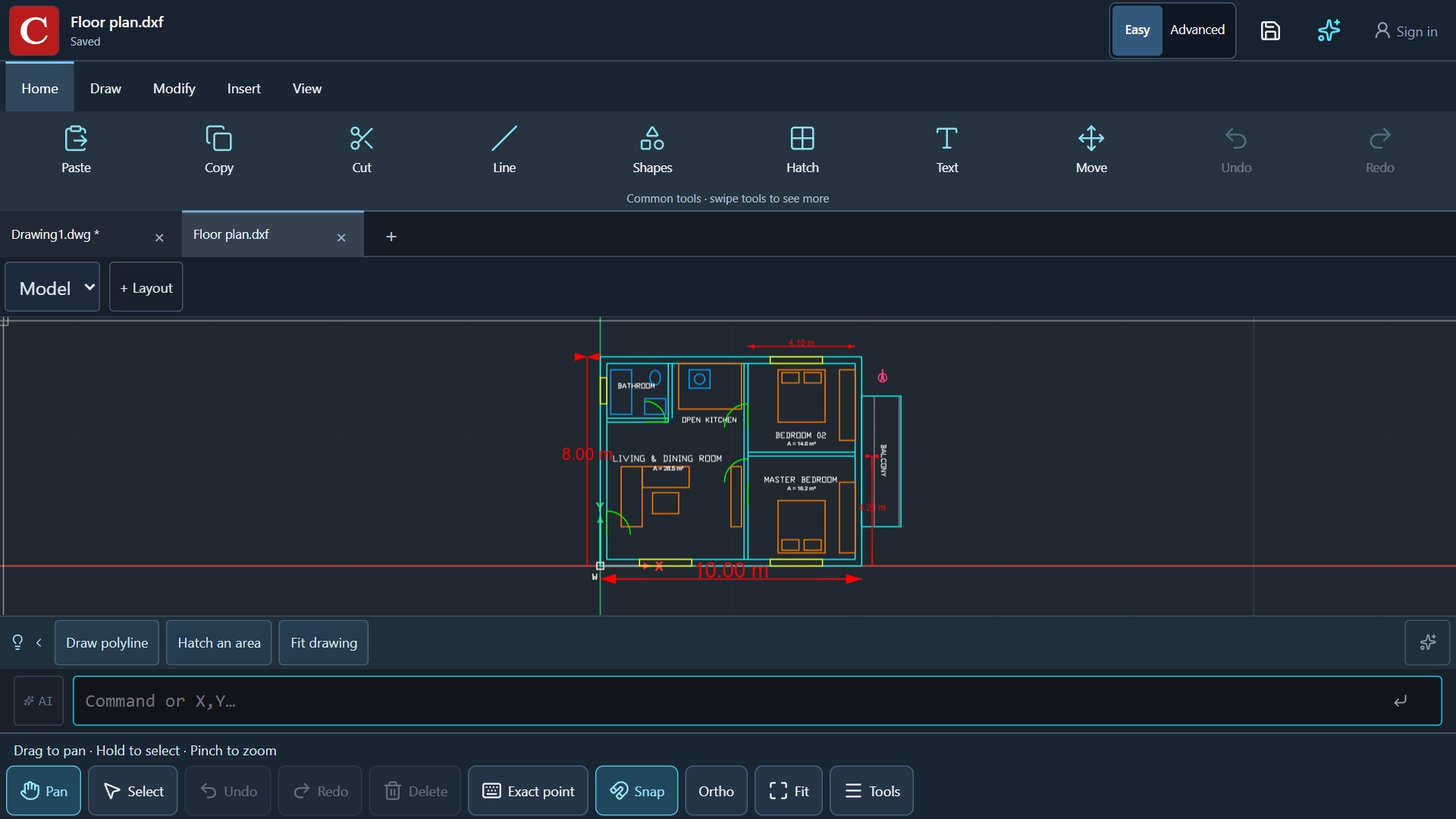 CadFreely tablet workspace showing an editable floor plan, dimensions, layers and drawing tools
