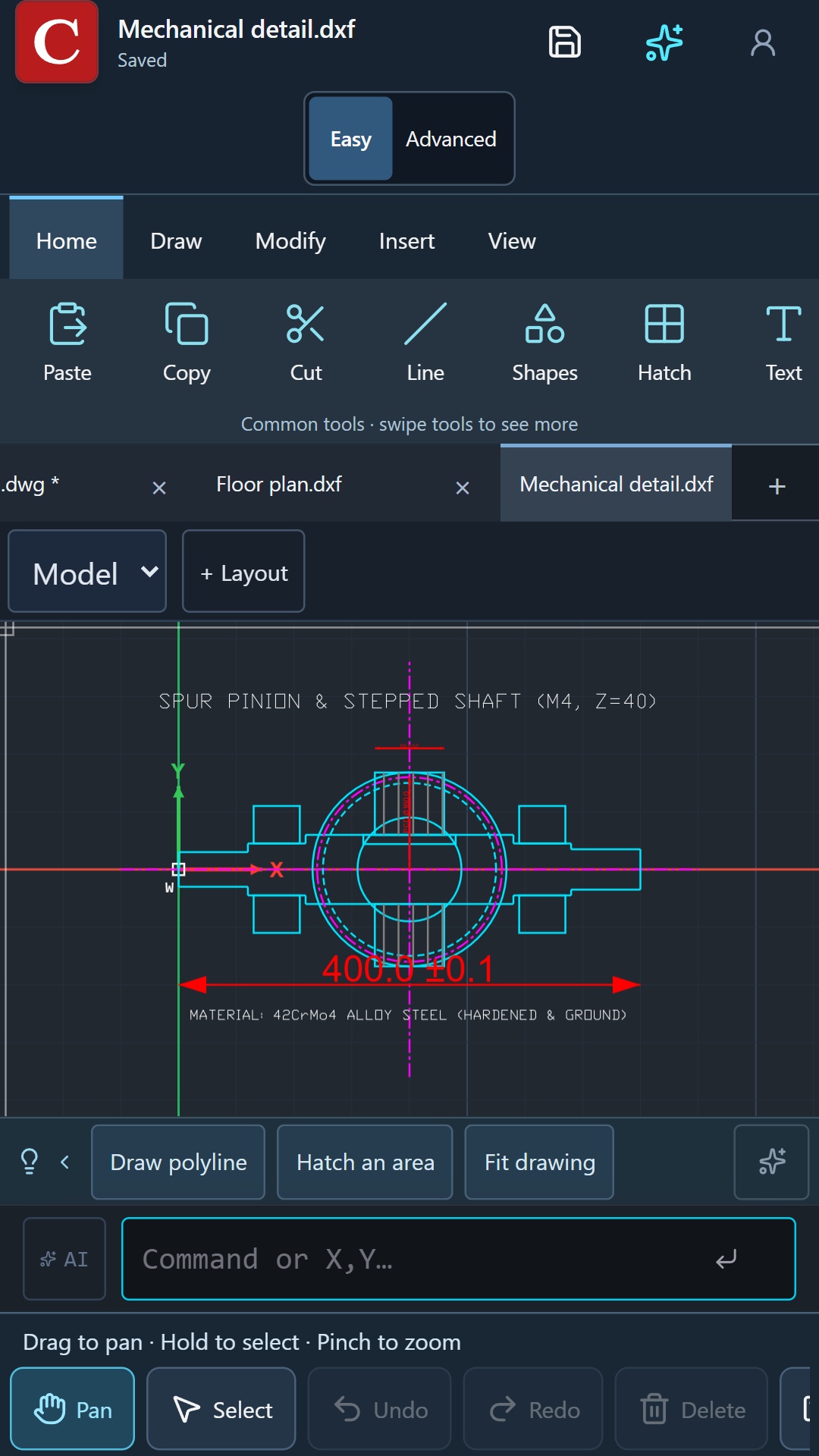 CadFreely on a phone showing a mechanical drawing, command field and touch selection controls
