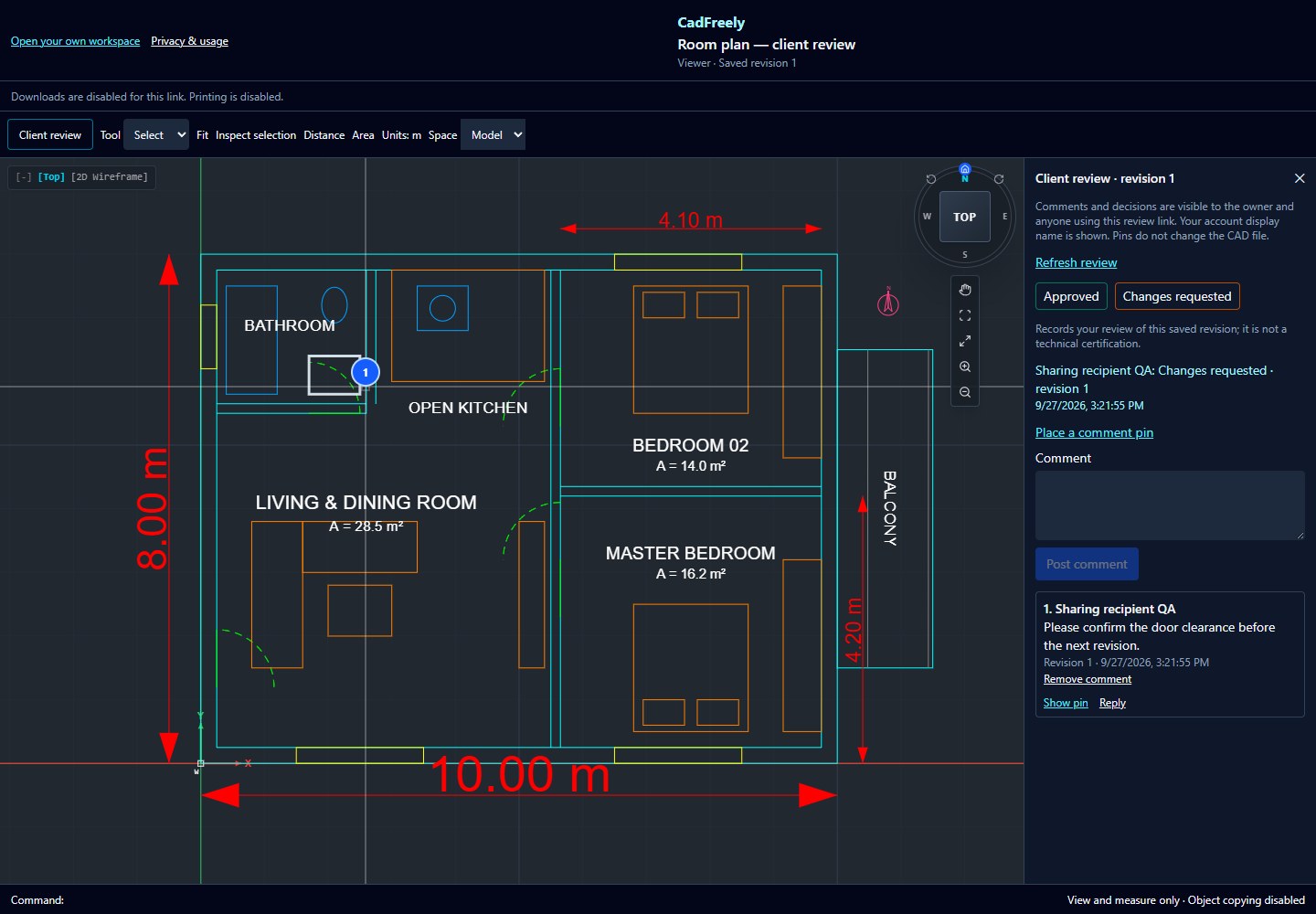CadFreely sample drawing with a pinned client comment and Changes requested decision